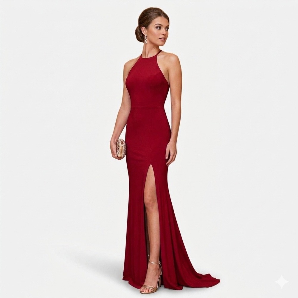 Sherri Hill High-Slit Halter Dress Gown Women Size 0 Red Formal Prom Pageant
